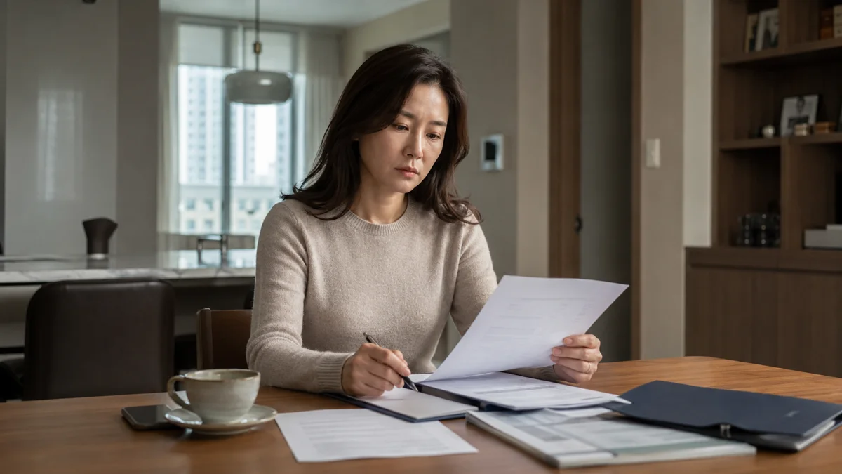 전주 위험운전치상 합의금 감형|집에서 진지하게 서류를 검토하며 작성하는 여성