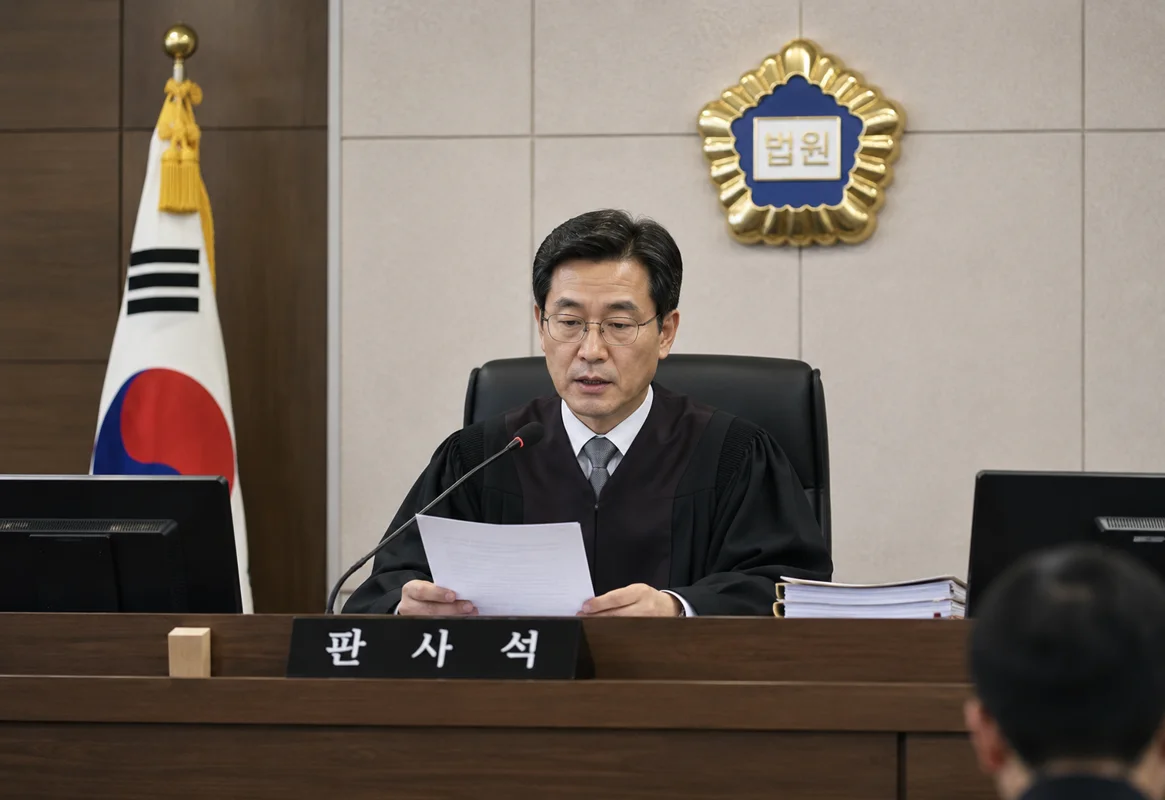 전주 보도 침범 사고 형사합의|법정 판사석에 앉아 서류를 검토하는 판사의 모습