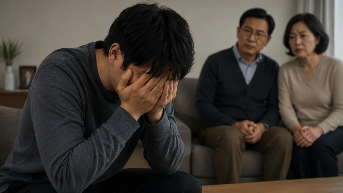 전주 스쿨존 보행자 사고 대처|얼굴을 감싸 쥐고 괴로워하는 남성과 걱정하는 부모님
